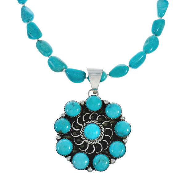 Native American Navajo Turquoise And Silver Pendant Necklace Set TX10013