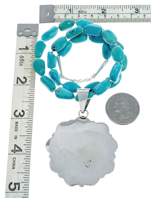 Native American Navajo Turquoise And Silver Pendant Necklace Set TX10013