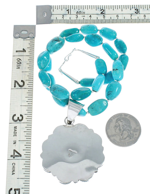 Native American Navajo Turquoise And Silver Pendant Necklace Set TX10015
