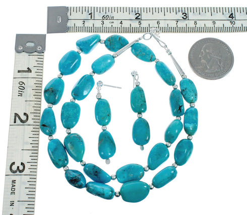 Genuine Sterling Silver Turquoise Bead Necklace Earring Set TX10002