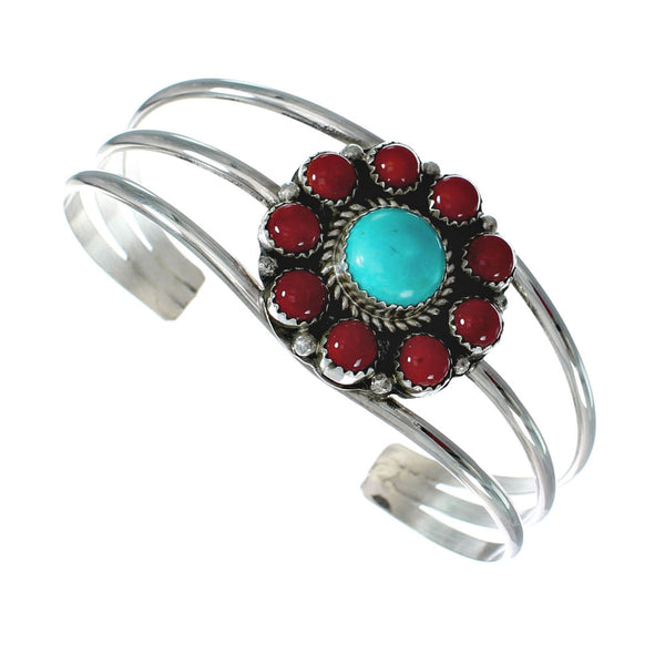 Navajo Turquoise Coral Native American Sterling Silver Cuff Bracelet TX10135