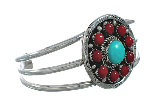 Navajo Turquoise Coral Native American Sterling Silver Cuff Bracelet TX10136