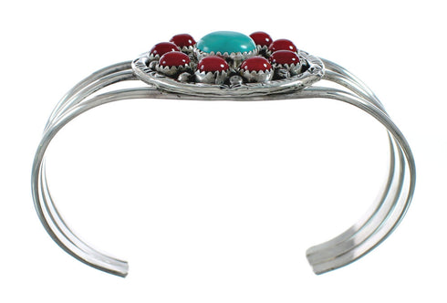 Navajo Turquoise Coral Native American Sterling Silver Cuff Bracelet TX10136