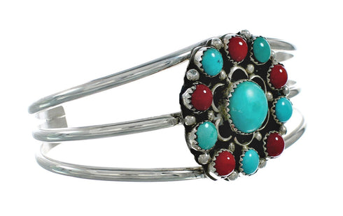 Navajo Turquoise Coral Native American Sterling Silver Cuff Bracelet TX10137
