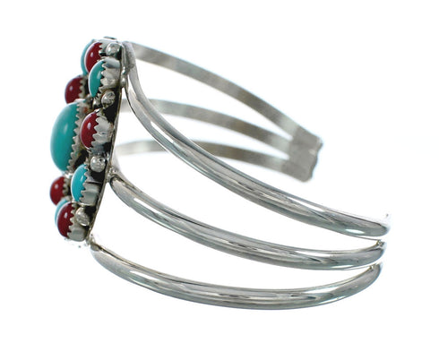 Navajo Turquoise Coral Native American Sterling Silver Cuff Bracelet TX10137