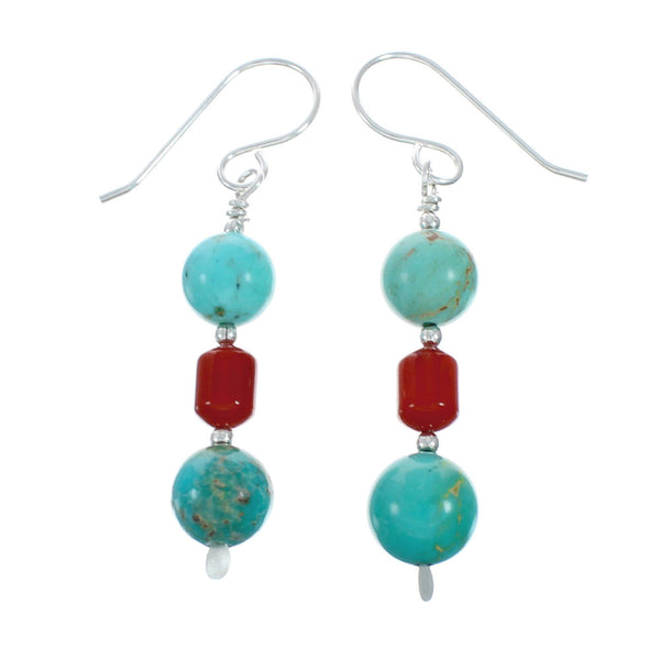 Turquoise And Coral Sterling Silver Hook Dangle Earrings TX10146