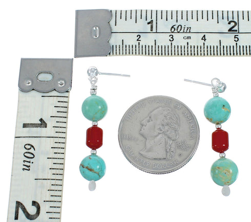Turquoise And Coral Sterling Silver Post Dangle Earrings TX10147