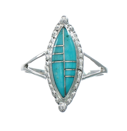 Genuine Turquoise And Silver Inlay Jewelry Ring Size 7-3/4 TX10073
