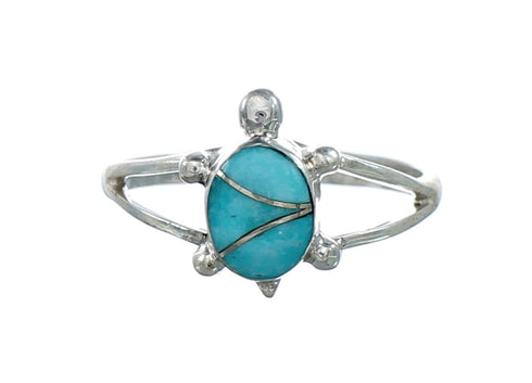 Genuine Turquoise Inlay Sterling Silver Navajo Turtle Ring 6-3/4 TX10094