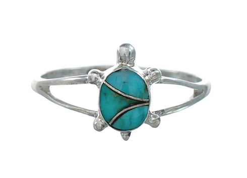 Genuine Turquoise Inlay Sterling Silver Navajo Turtle Ring 9-3/4 TX10103
