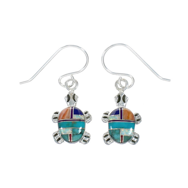 Sterling Silver Multicolor Inlay Turtle Hook Dangle Earrings TX10170