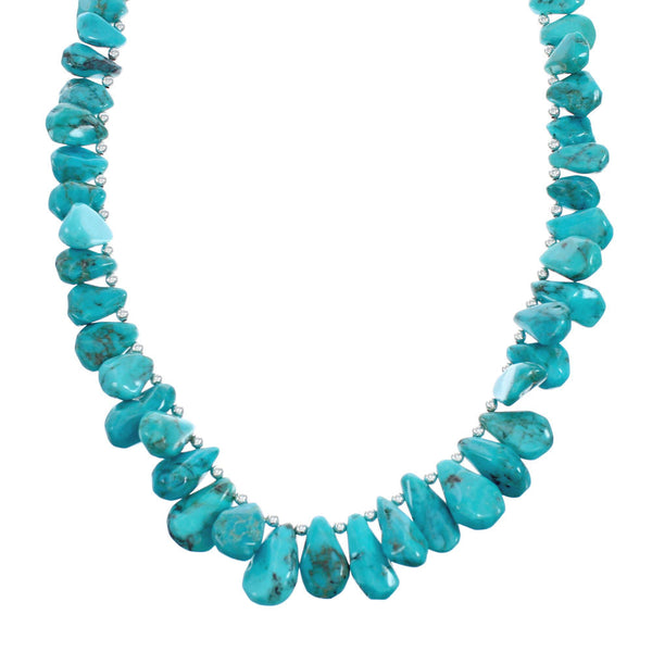 Navajo Genuine Sterling Silver And Kingman Turquoise Bead Necklace TX10180