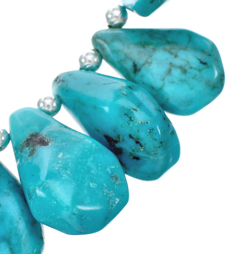 Navajo Genuine Sterling Silver And Kingman Turquoise Bead Necklace TX10180