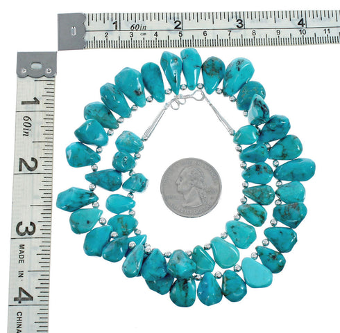 Navajo Genuine Sterling Silver And Kingman Turquoise Bead Necklace TX10180