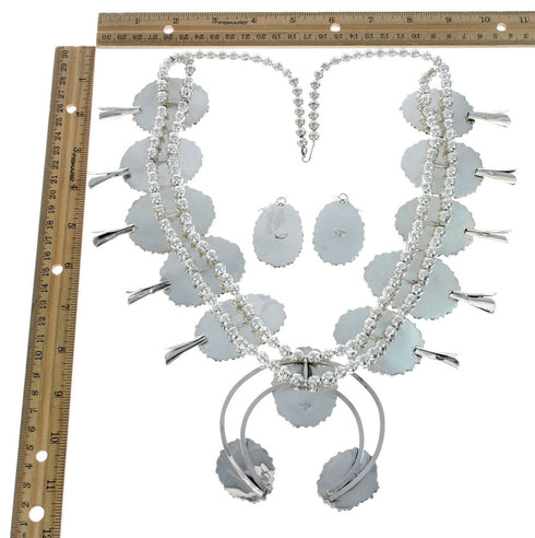 Navajo Kingman Turquoise Sterling Silver Naja Squash Blossom Necklace Set TX10190