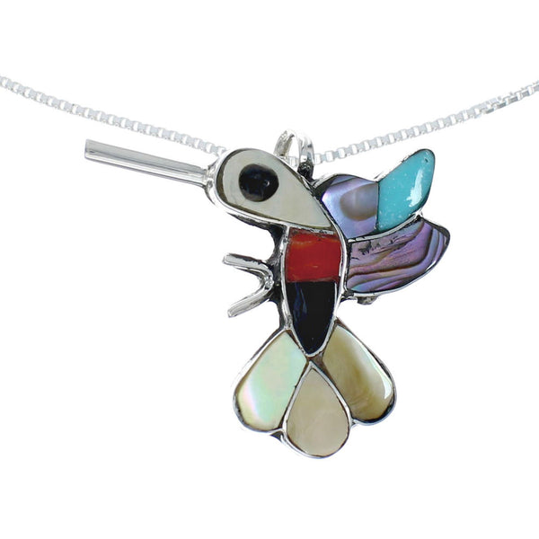 Hummingbird Multicolor Inlay Sterling Silver Box Chain Necklace Pendant Set TX10219