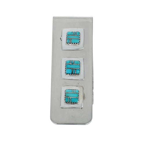 Navajo Turquoise Genuine Sterling Silver Inlay Money Clip TX10203