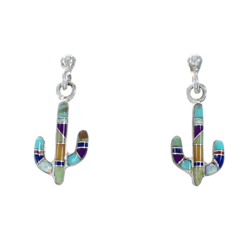Sterling Silver Southwest Multicolor Cactus Inlay Post Dangle Earrings TX10210