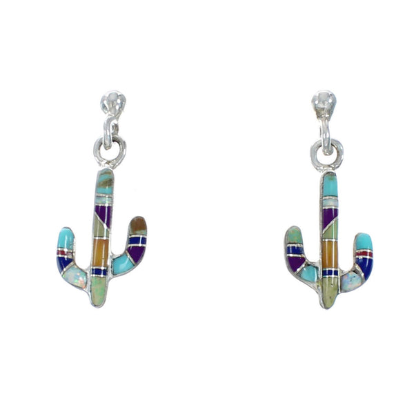 Sterling Silver Southwest Multicolor Cactus Inlay Post Dangle Earrings TX10210