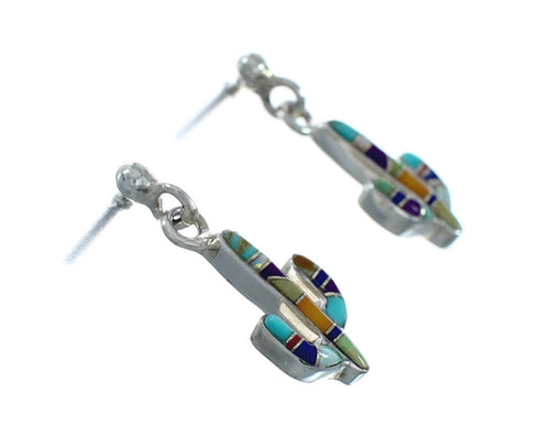 Sterling Silver Southwest Multicolor Cactus Inlay Post Dangle Earrings TX10210