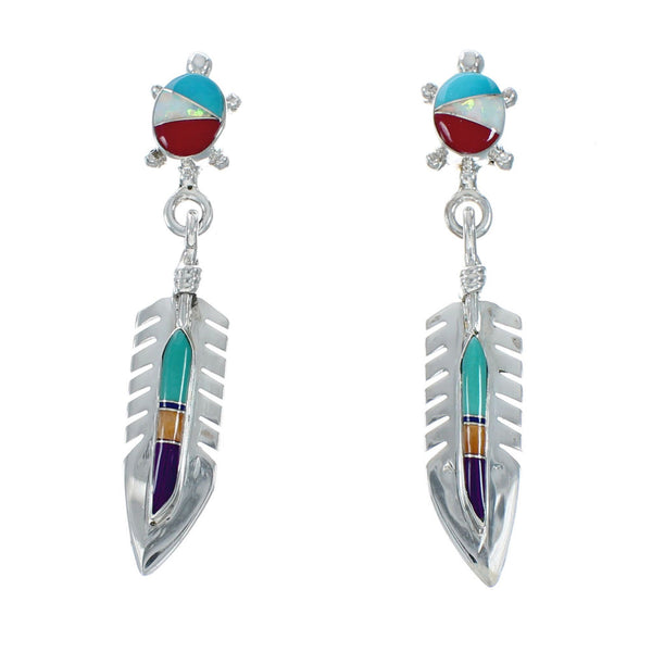 Sterling Silver Inlay Multicolor Feather Turtle Navajo Post Dangle Earrings TX10211