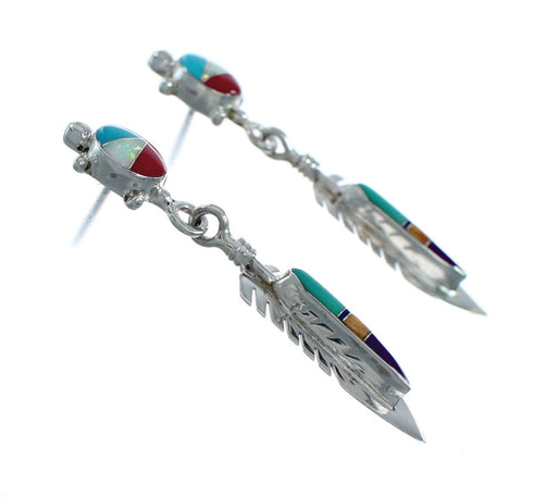 Sterling Silver Inlay Multicolor Feather Turtle Navajo Post Dangle Earrings TX10211