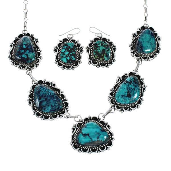 Authentic Navajo Sterling Silver Turquoise Link Necklace Earrings Set TX10278