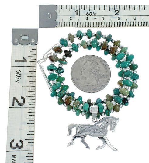 Navajo Hand Strung Turquoise Necklace And Silver Horse Pendant Set TX10299