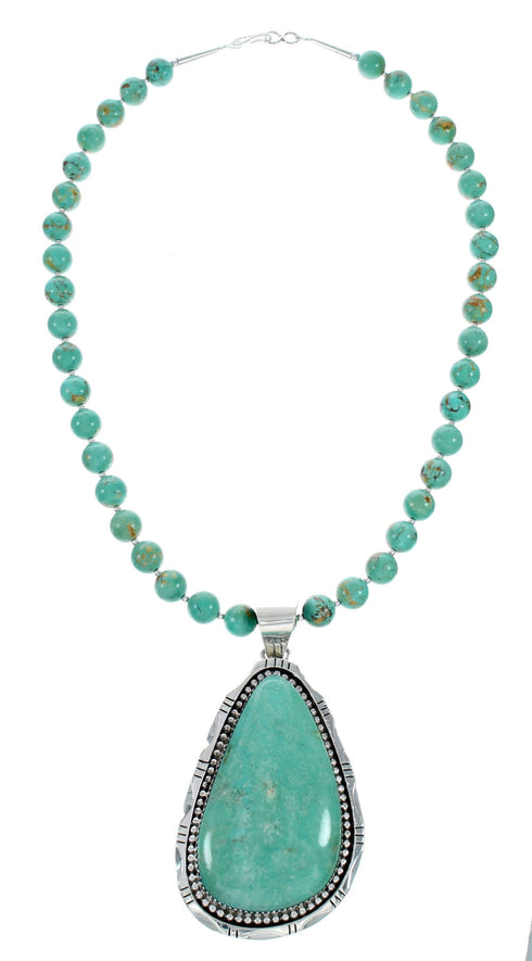Sterling Silver Kingman Turquoise Navajo Bead Pendant Necklace Set TX10323