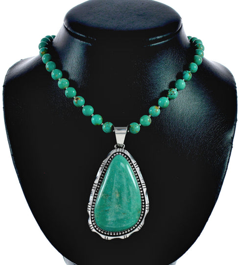 Sterling Silver Kingman Turquoise Navajo Bead Pendant Necklace Set TX10323