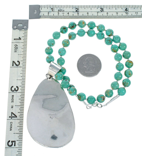 Sterling Silver Kingman Turquoise Navajo Bead Pendant Necklace Set TX10323