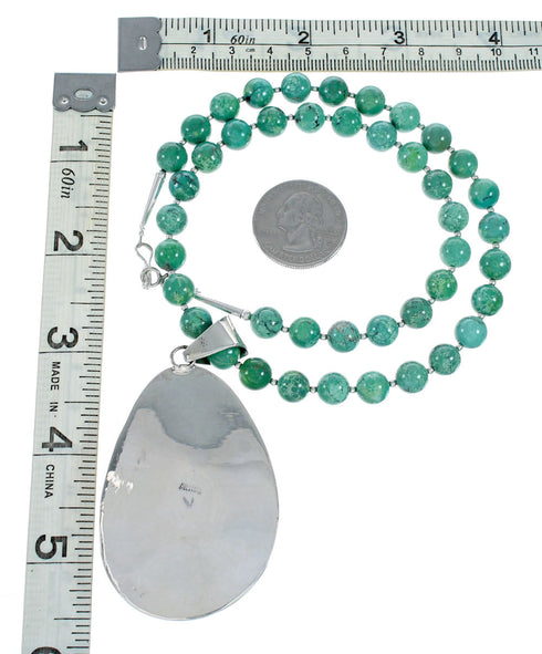 Sterling Silver Kingman Turquoise Navajo Bead Pendant Necklace Set TX10324
