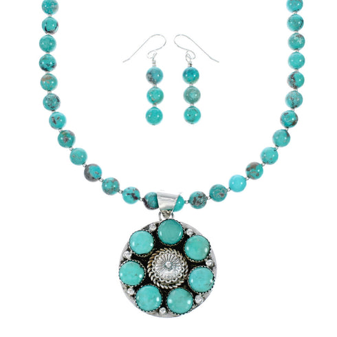 Native American Navajo Turquoise Sterling Silver Necklace Concho Pendant Set TX11308