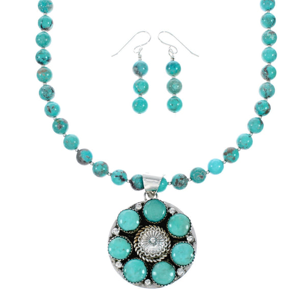 Native American Navajo Turquoise Sterling Silver Necklace Concho Pendant Set TX11308
