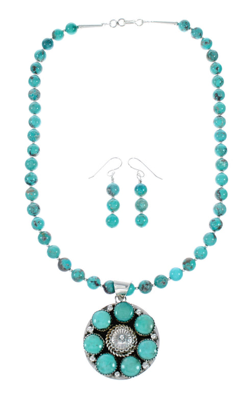 Native American Navajo Turquoise Sterling Silver Necklace Concho Pendant Set TX11308