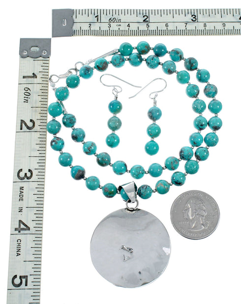 Native American Navajo Turquoise Sterling Silver Necklace Concho Pendant Set TX11308