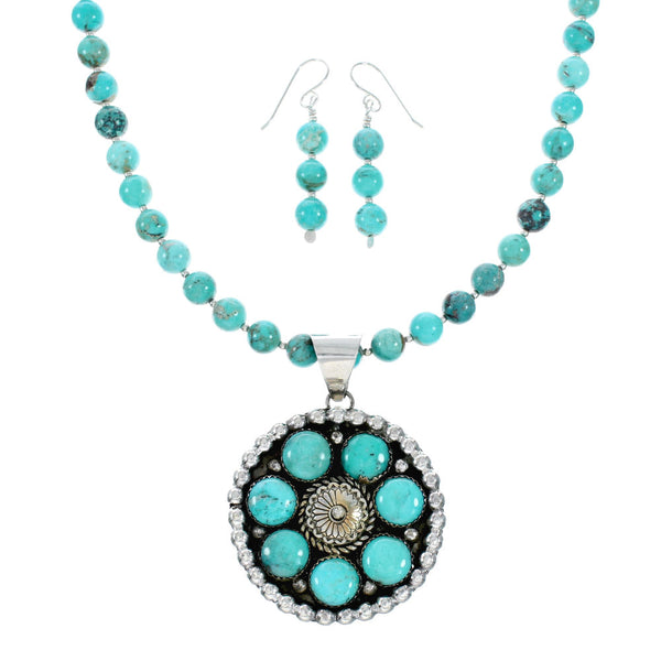 Navajo Turquoise Sterling Silver Necklace Concho Pendant Set TX11309