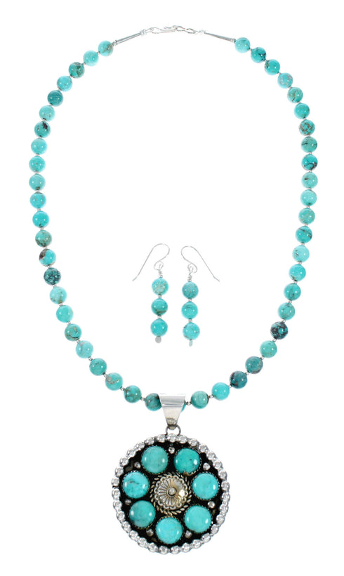 Navajo Turquoise Sterling Silver Necklace Concho Pendant Set TX11309