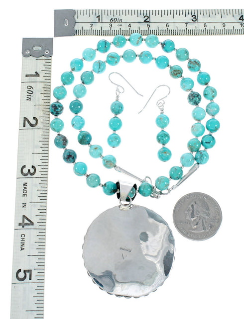 Navajo Turquoise Sterling Silver Necklace Concho Pendant Set TX11309