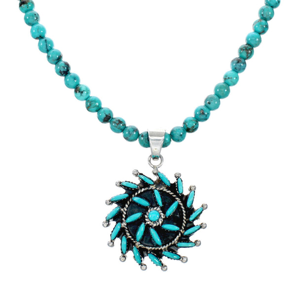 Sterling Silver Turquoise Needlepoint Pendant Navajo Bead Necklace Set TX11315