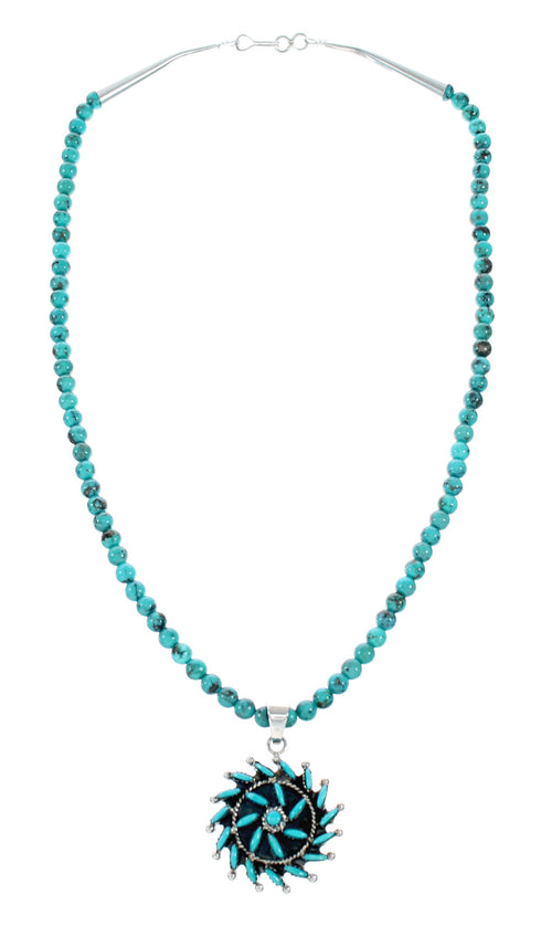 Sterling Silver Turquoise Needlepoint Pendant Navajo Bead Necklace Set TX11315