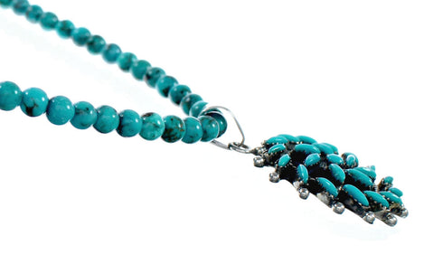 Sterling Silver Turquoise Needlepoint Pendant Navajo Bead Necklace Set TX11315