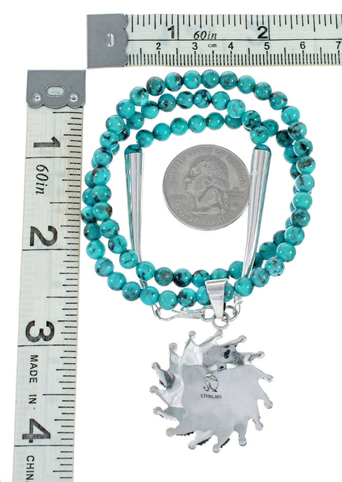 Sterling Silver Turquoise Needlepoint Pendant Navajo Bead Necklace Set TX11315