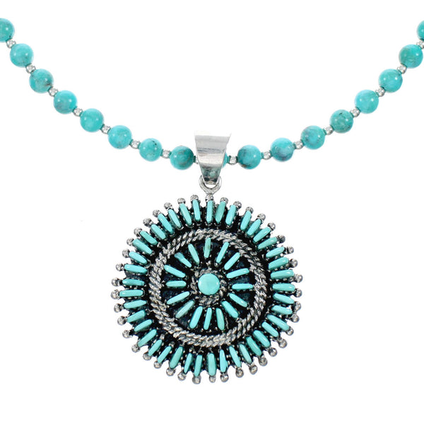 Sterling Silver Turquoise Needlepoint Pendant Navajo Bead Necklace Set TX11311