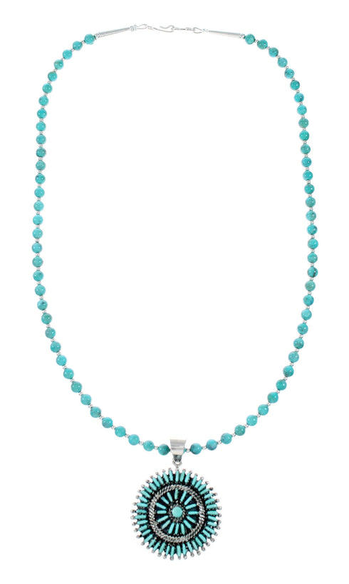 Sterling Silver Turquoise Needlepoint Pendant Navajo Bead Necklace Set TX11311