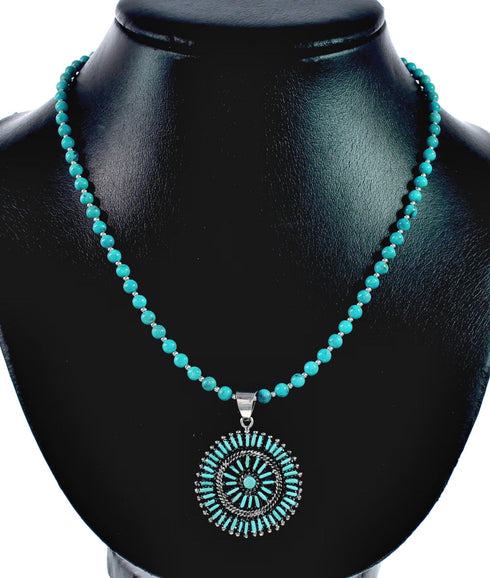 Sterling Silver Turquoise Needlepoint Pendant Navajo Bead Necklace Set TX11311