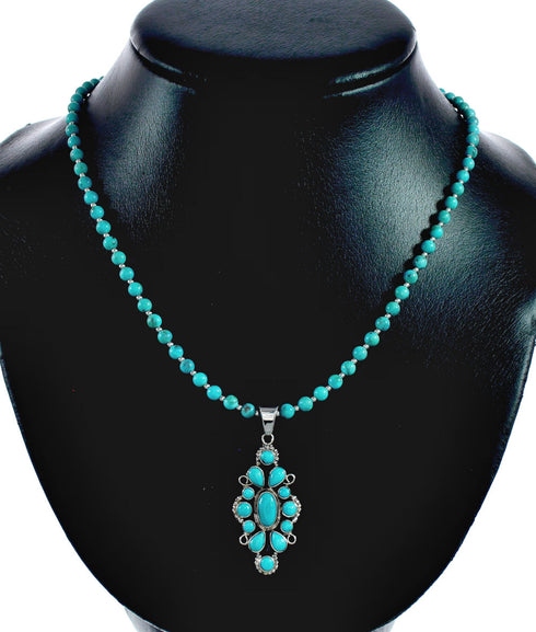 Turquoise Genuine Sterling Silver Navajo Bead Necklace Set TX11316