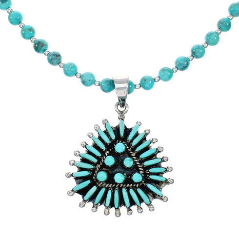 Navajo Sterling Silver Turquoise Needlepoint Pendant Bead Necklace Set TX11312