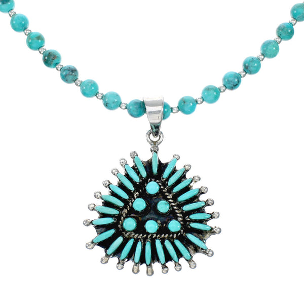 Navajo Sterling Silver Turquoise Needlepoint Pendant Bead Necklace Set TX11312