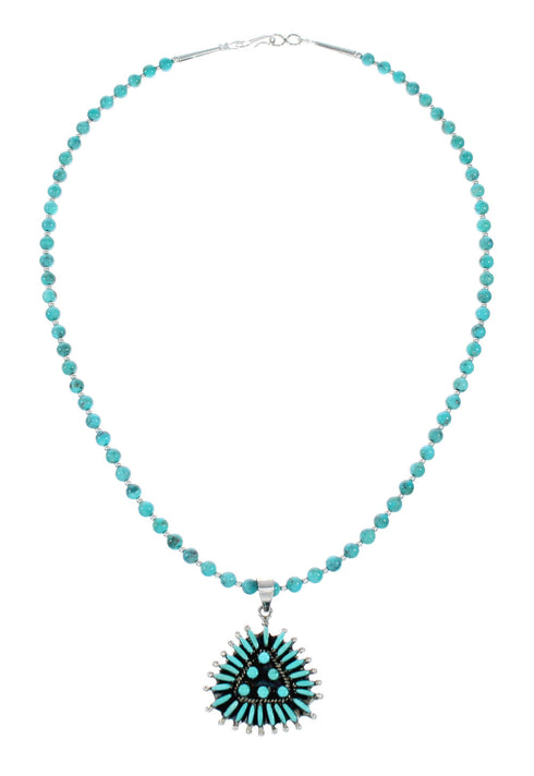 Navajo Sterling Silver Turquoise Needlepoint Pendant Bead Necklace Set TX11312